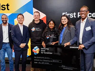 six people posting together with a large black check. There is an icon of "number one" in the top left hand corner. 